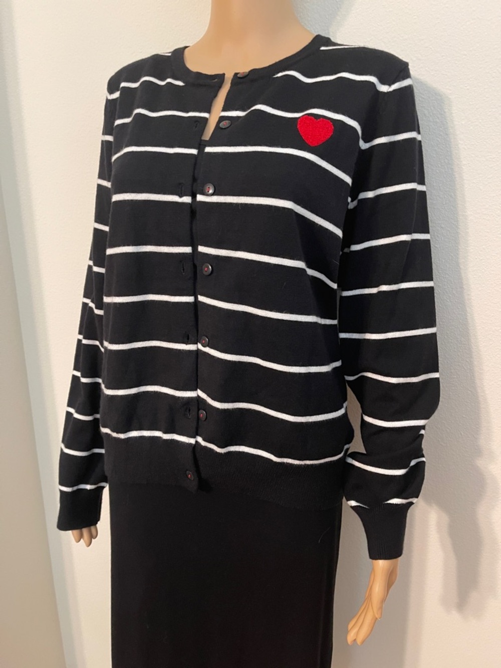 NWT Black & White Striped Button Down Cardigan with Red Heart Patch